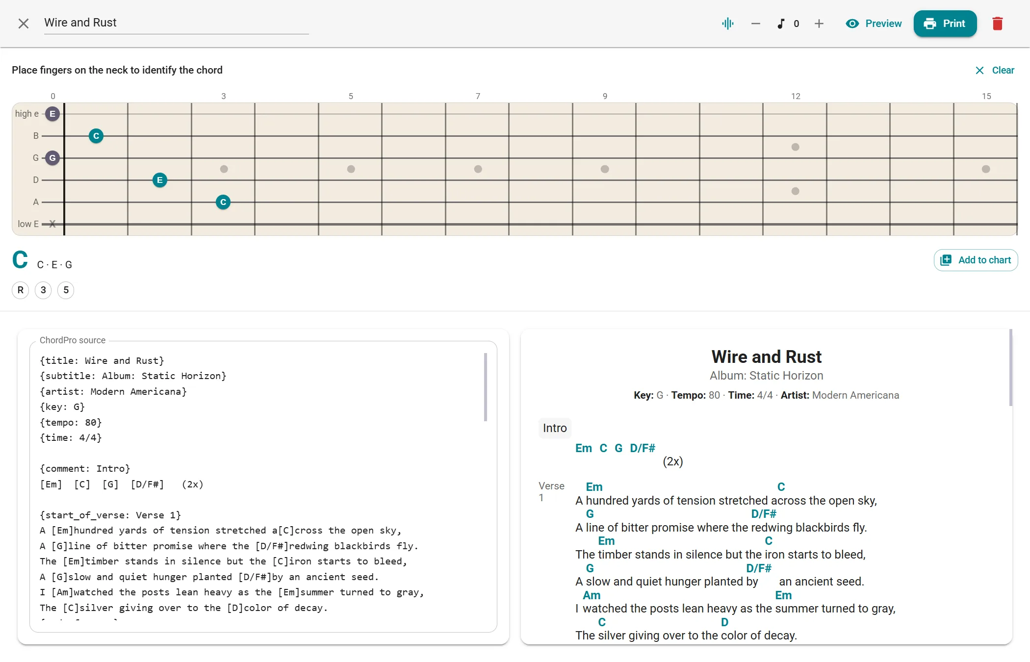 ChordPro editor with chord finder in gigBuddy