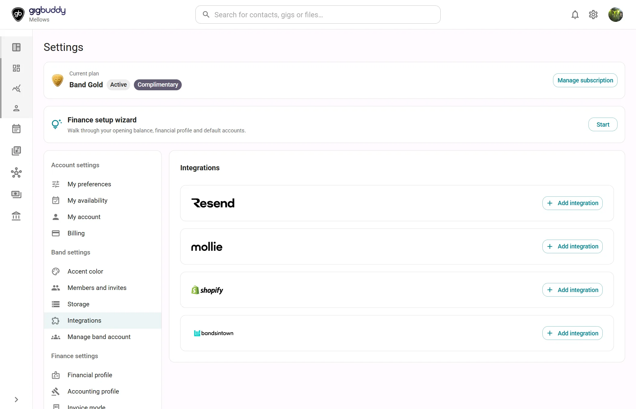 Integrations settings