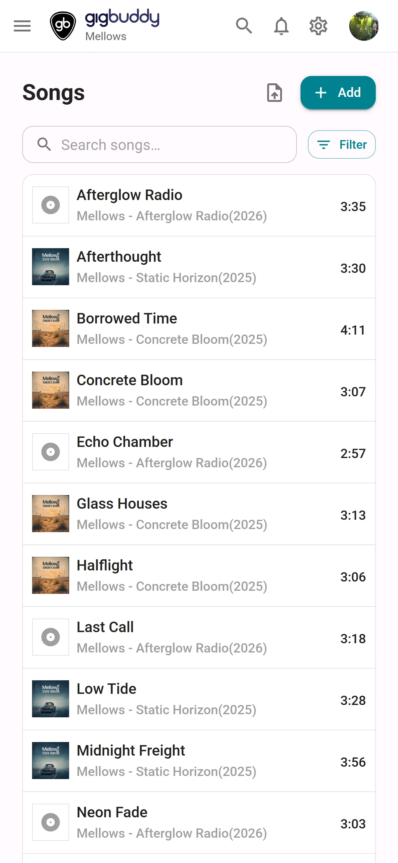 Song list on mobile